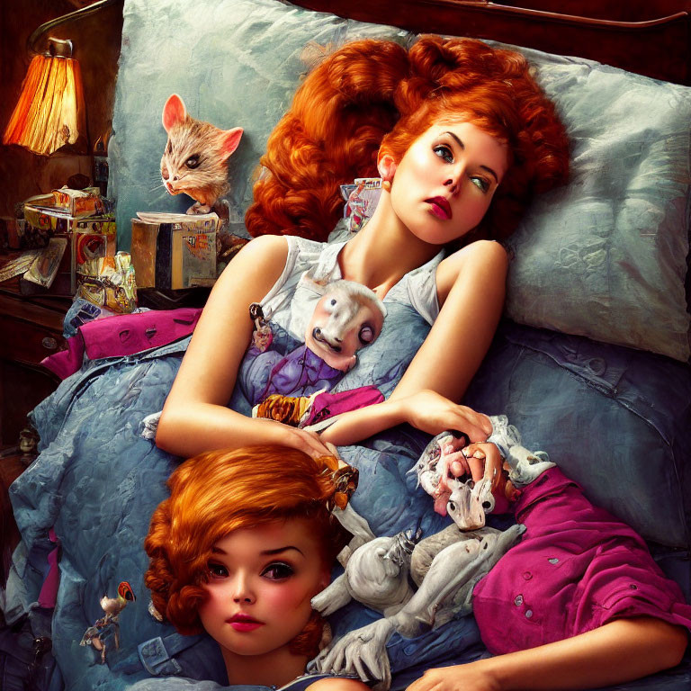 Whimsical red-haired individuals and surreal creatures in opulent bedroom