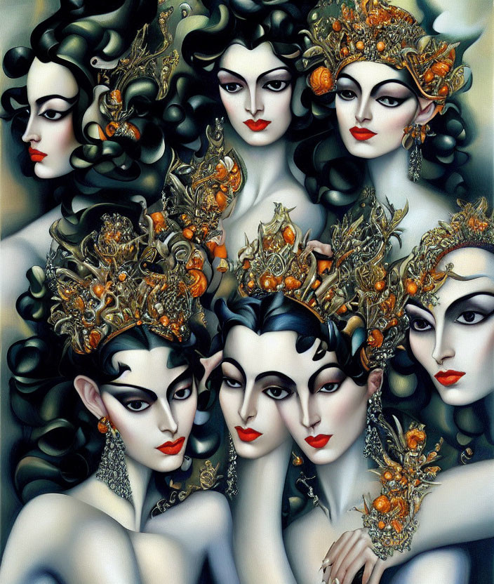 Surrealist painting of stylized female faces with golden headdresses on dark background