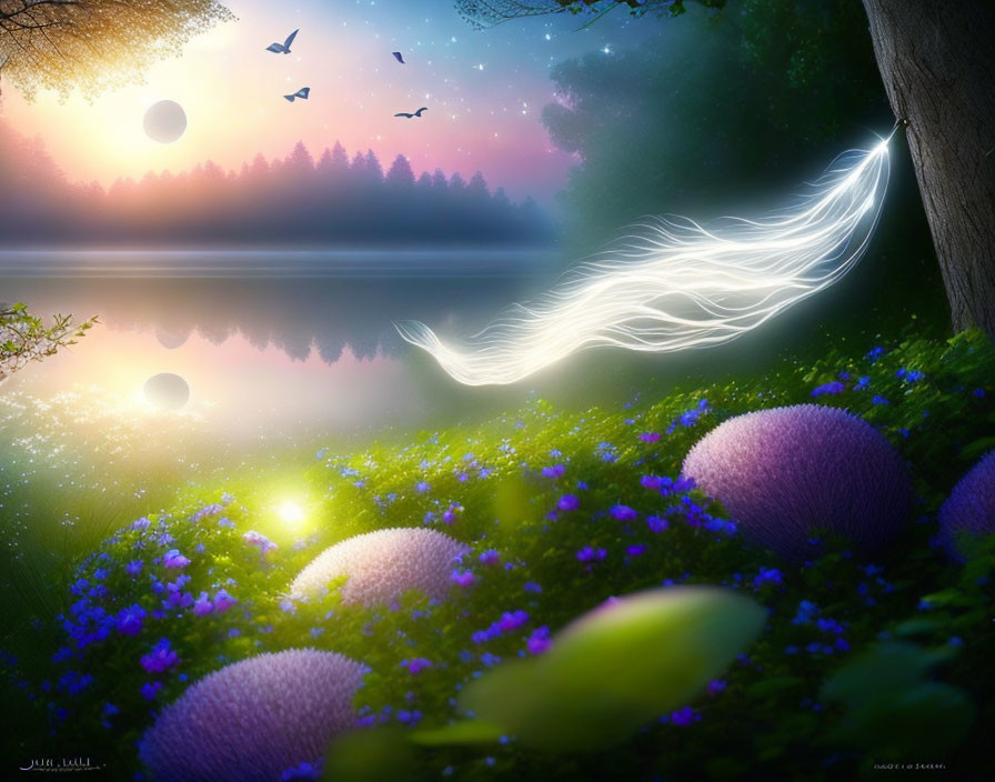 Mystical forest scene with purple flora, reflective lake, and sunset sky