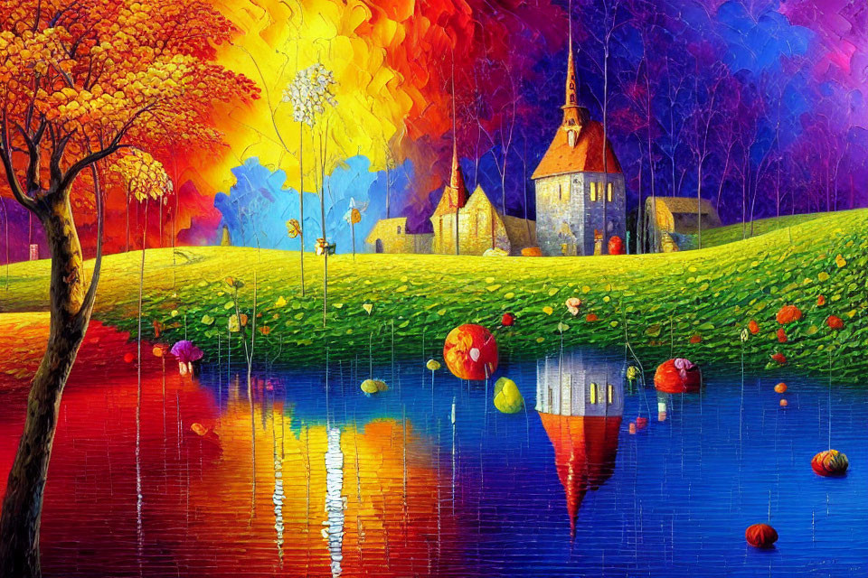 Colorful painting of church by reflective lake in autumn forest with rainbow sky