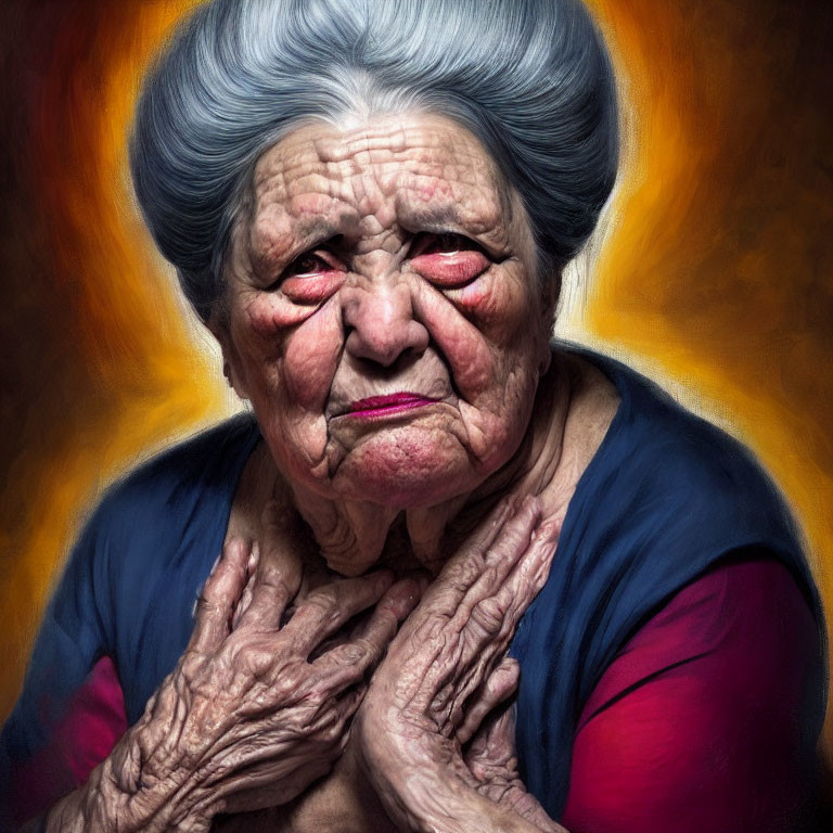 Elderly woman with wrinkles in dark top, blurred warm-toned background