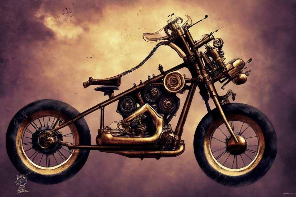 Sepia-Toned Steampunk Motorcycle with Intricate Gears and Mechanical Details
