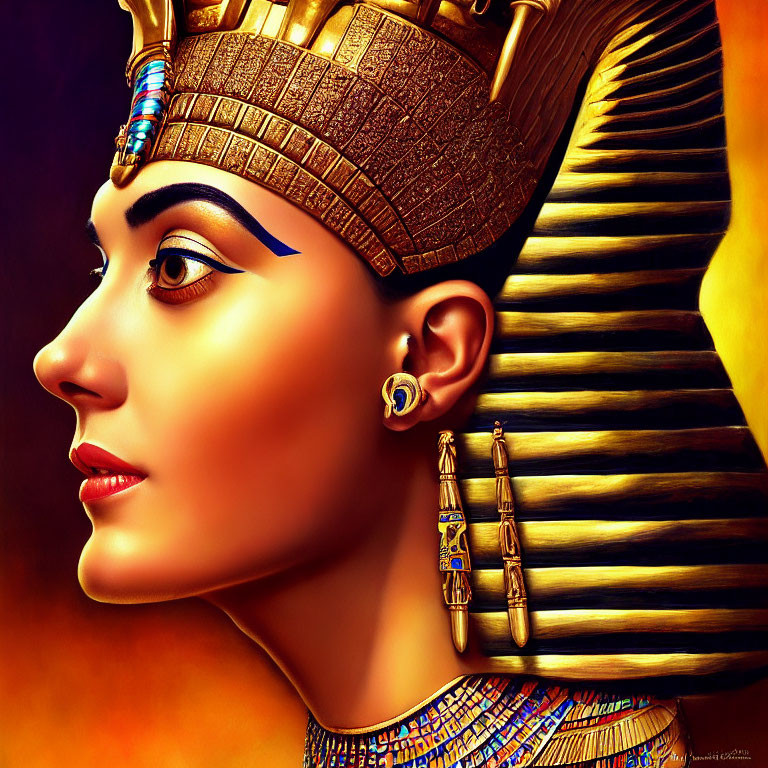 Egyptian Queen Digital Artwork: Profile View with Traditional Headdress & Gold Color Scheme