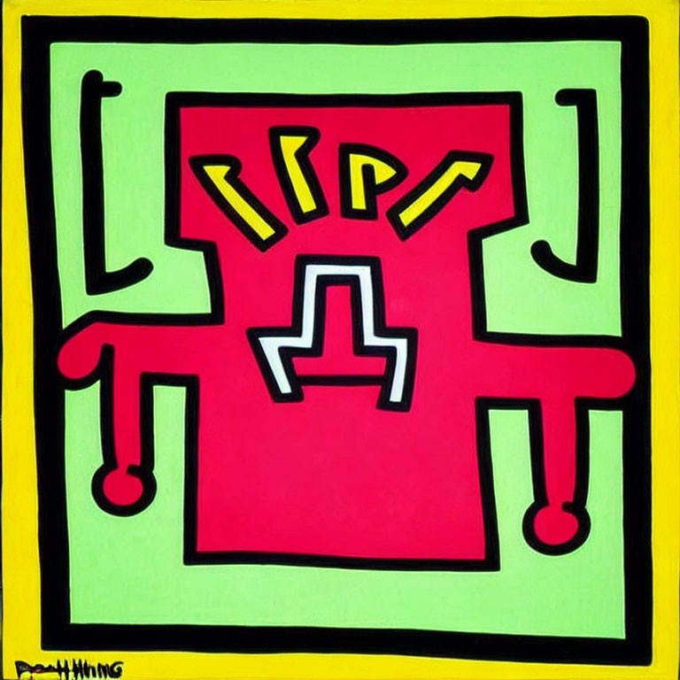Colorful Abstract Art: Red Figure on Yellow Chair Against Black Outline