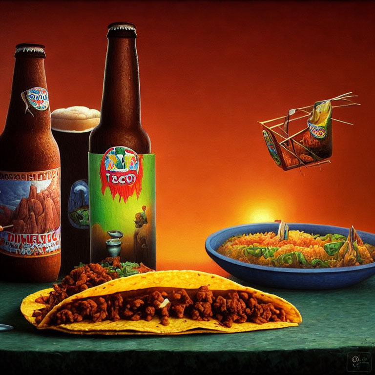 Colorful Taco, Beer, Salsa, and Nachos Scene on Orange Background