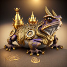 Fantasy mechanical frog with golden and purple hues and intricate gears