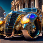 Futuristic gold vehicle with intricate patterns on classical architecture backdrop