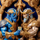 Blue-skinned figures in ornate golden armor surrounded by intricate designs
