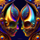 Symmetrical digital artwork of stylized face profiles with intricate patterns on starry background