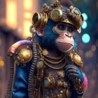 Steampunk-inspired monkey with goggles and brass gear on warm bokeh background