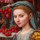 Young girl in blue headscarf holding strawberries and apples, classical painting style