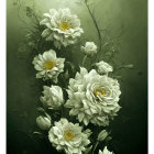 White Peonies with Yellow Centers on Moody Green Background