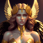Fantasy-inspired illustration of a woman with gold feathered wings and armor