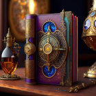 Intricate fantasy-style book with golden embellishments, purple cover, potion bottle, and metallic sphere