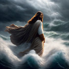 Figure in flowing robes walks on water in stormy seas with lightning.