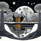 Whimsical winter scene with snow-covered trees and mirrored underground world