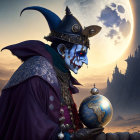 Regal figure with jester's hat holding a globe in twilight scene