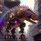 Futuristic cityscape digital artwork featuring mechanical dinosaur with glowing gears