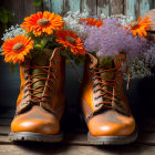 Orange and Blue Flowers in Brown Boots on Wooden Background