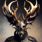 Detailed fantasy illustration of figure with skull-like face and golden antlers in dark armor.