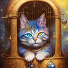 Colorful Cat with Striking Eyes in Golden Cage on Starry Background