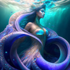 Majestic mermaid with flowing hair and tail in dreamy underwater scene
