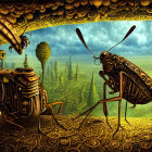 Steampunk-style image featuring mechanical gears and a metal grasshopper in a green landscape.