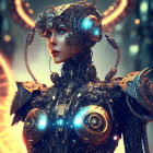 Detailed Female Robot with Glowing Blue Lights on Technological Background