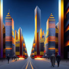 Illuminated skyscrapers in futuristic cityscape at dusk