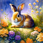Illustration of brown and white rabbit in floral garden under purple sky