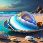 Iridescent Shell with Pearl on Sandy Beach and Sunset Sky