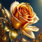 Golden rose with dewdrops on petals against blurred blue background
