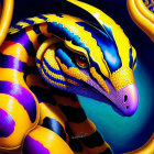 Colorful digital artwork: stylized snake with yellow and purple patterns, orange eyes, golden texture,