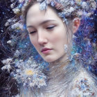 Woman with flower and ice headdress in starry setting