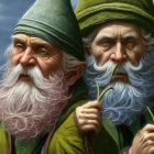 Elderly wizards with pointed hats and long beards in green and turquoise attire