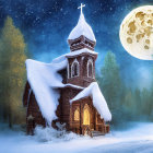 Snow-covered wooden church under starry sky with full moon