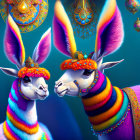 Colorful llamas with ethnic-style adornments on turquoise backdrop