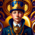 Regal boy in golden crown and attire against ornate backdrop