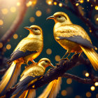 Shimmering golden birds on branch with bokeh light background