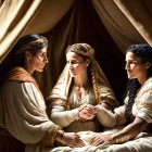 Three women with a baby in historical clothing inside a tent under soft light