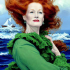 Vivid portrait of woman with red hair in green attire by ocean with sailboat