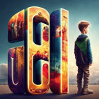 Boy standing before large surreal 3D letter 'E' with fiery cosmic scenes and birds flying in