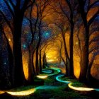 Enchanted night forest with glowing lanterns and mysterious figures