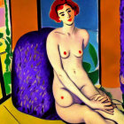 Vibrant painting of nude figure by window with landscape view