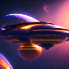 Futuristic spaceship orbits among vibrant celestial bodies in colorful cosmos