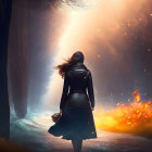 Person in Black Coat Holding Flowers Between Snow and Fire Worlds