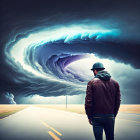Person in jacket and hat faces swirling vortex in sky on empty road