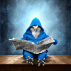 Eagle-human hybrid in blue hoodie reads newspaper in surreal stormy setting