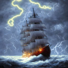 Majestic sailing ship in stormy seas with dramatic lightning