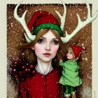 Stylized illustration of girl with blue eyes, antlers, red hat, green outfit, and